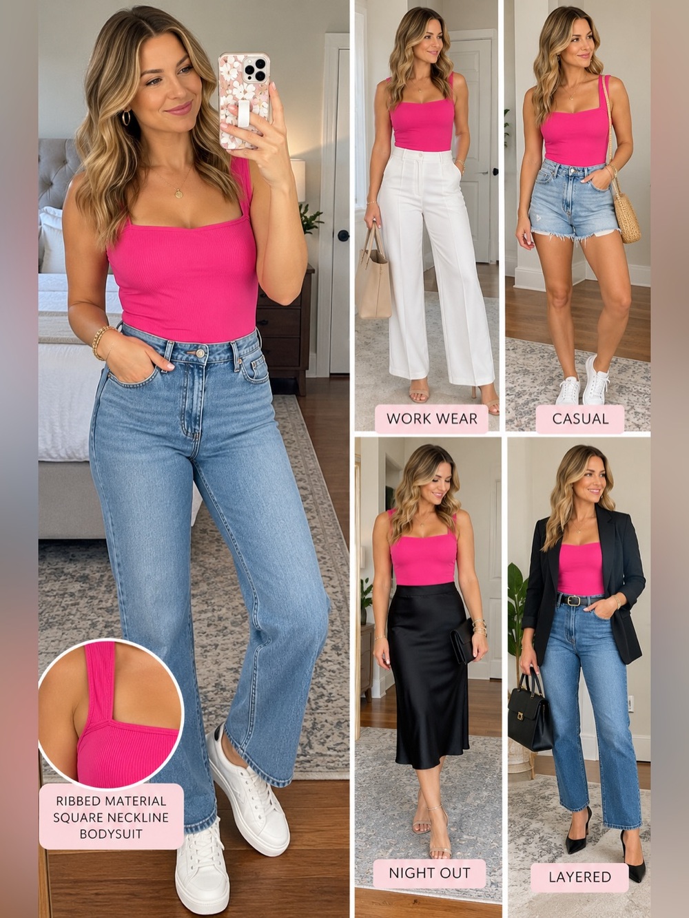 Hot Pink Ribbed Square Neck Bodysuit Size Medium